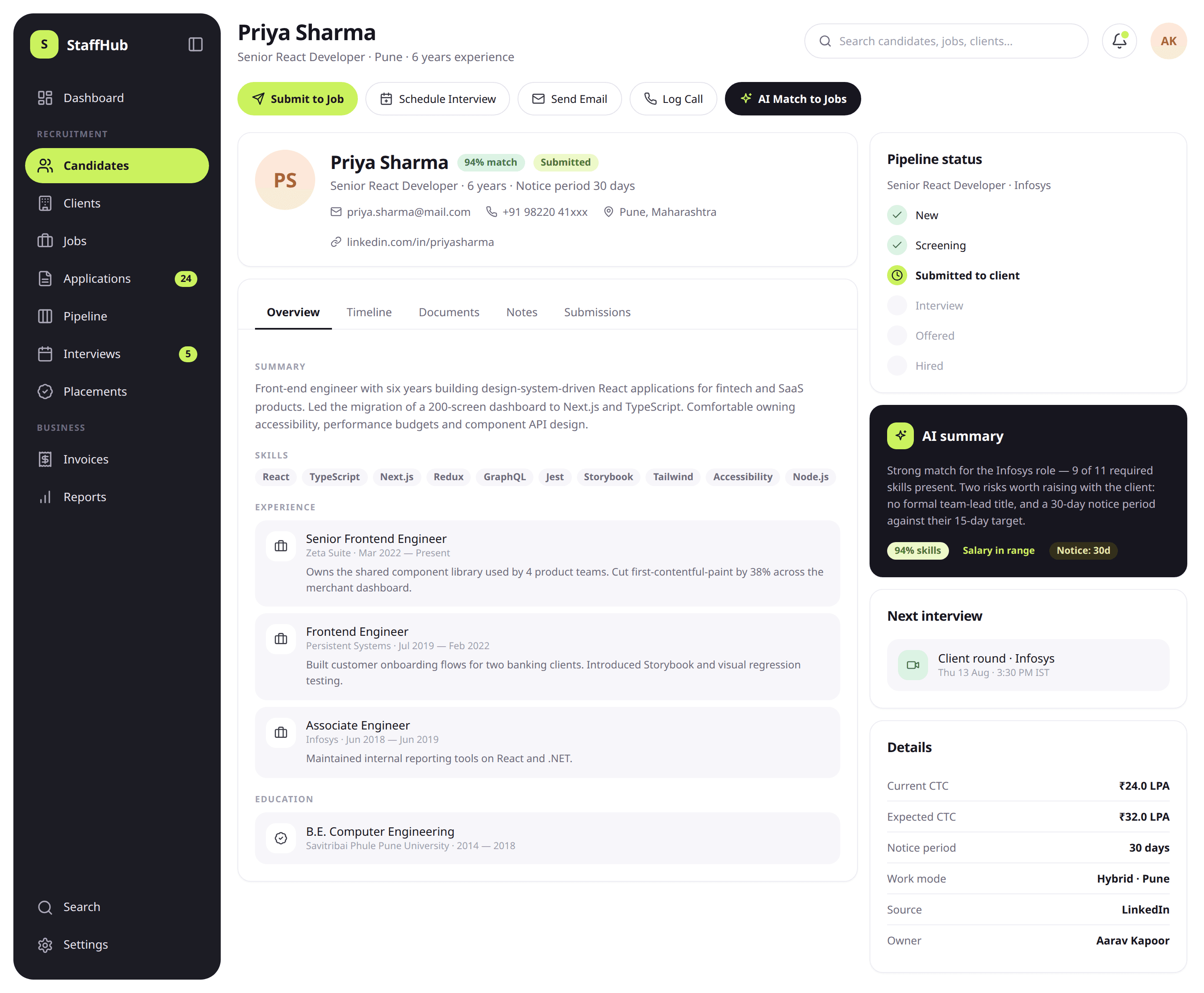A candidate profile in StaffHub